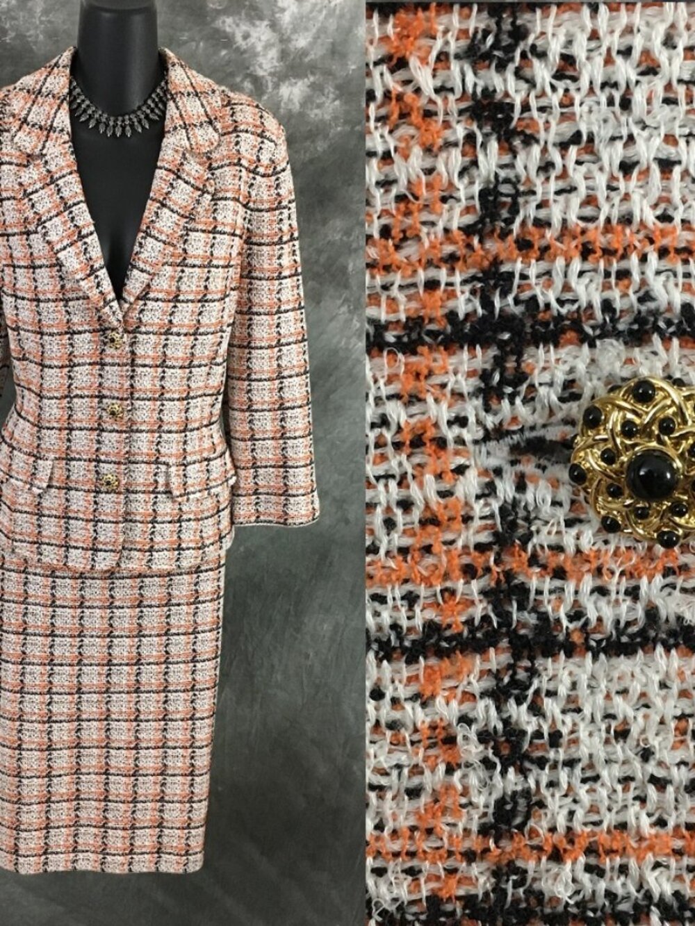 BEAUTIFUL St John collection knit orange black white jacket skirt suit size L 12